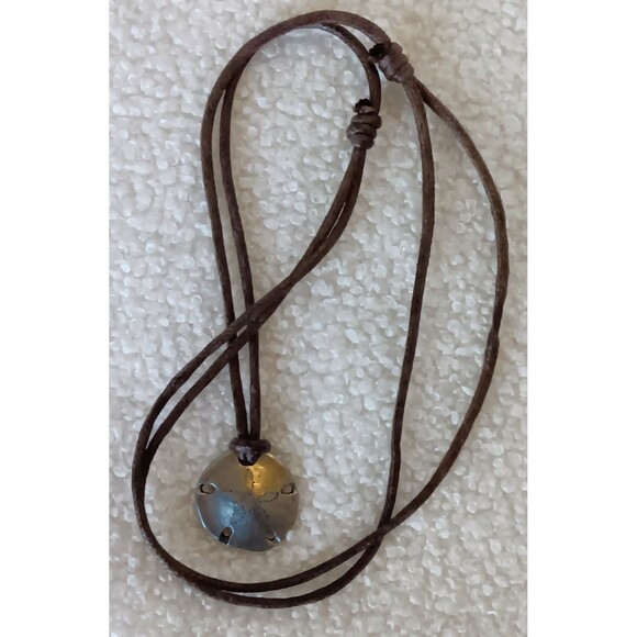 Boho Pewter Sand Dollar Pendant Necklace Adjustable Brown Cord 22 in - Picture 5 of 8